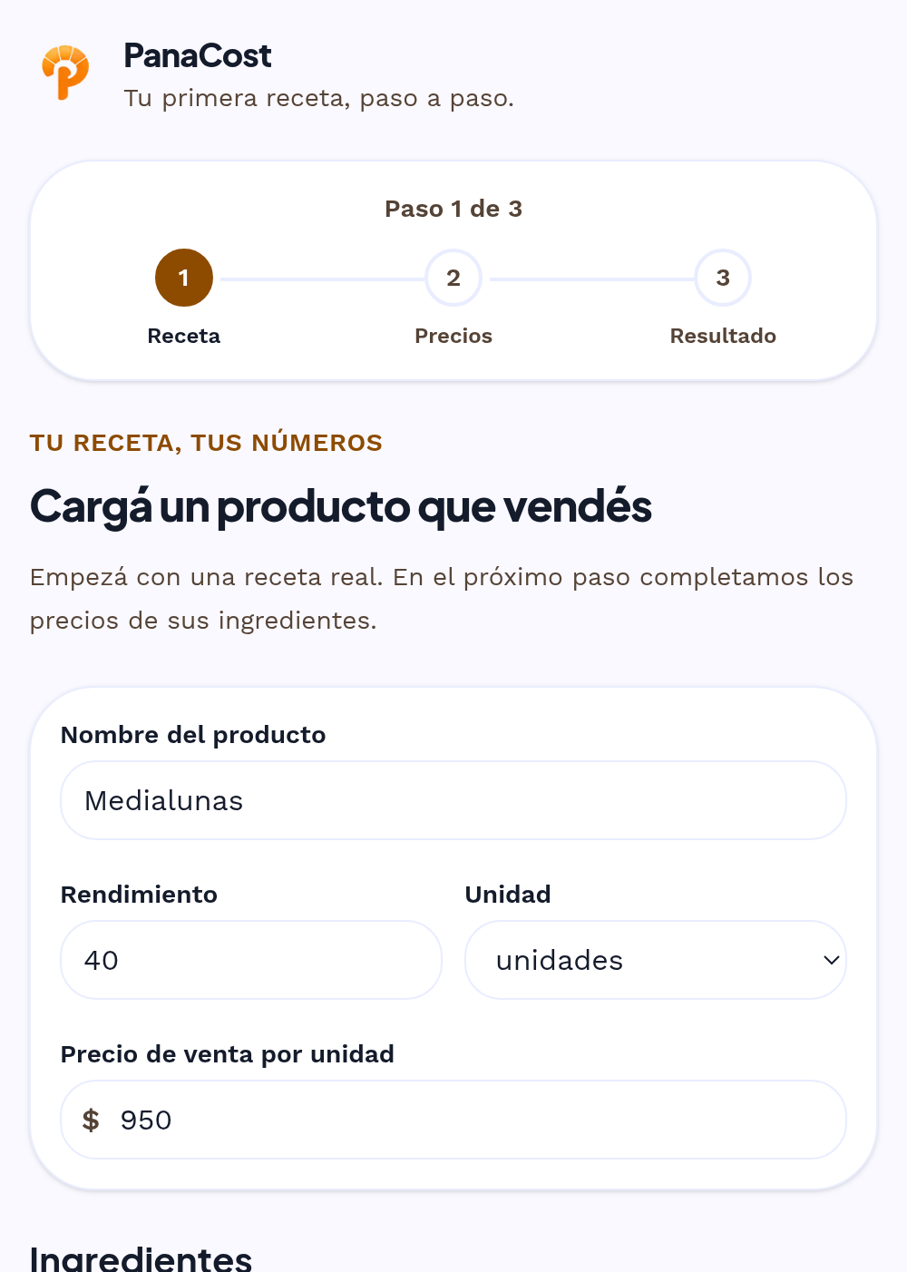Pantalla del celular de PanaCost mostrando el paso 1: cargar el producto Medialunas con rendimiento 40 unidades y precio de venta $950.